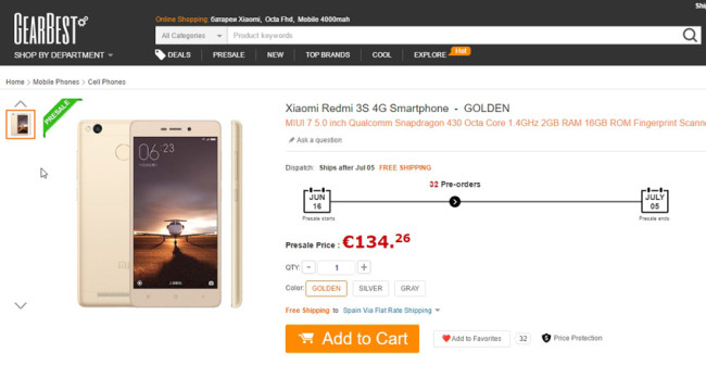 Precio del Xiaomi Redmi 3S de 2 GB de RAM