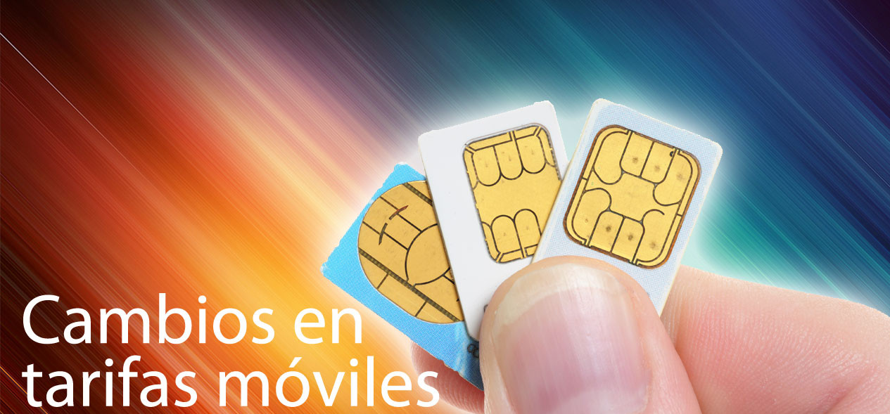 Tarjetas SIM en una mano con letrero de cambios en las tarifas m&oacute;viles de marzo de 2016