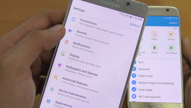 Men&uacute; de ajustes de TouchWiz UX en el Samsung Galaxy Note 7