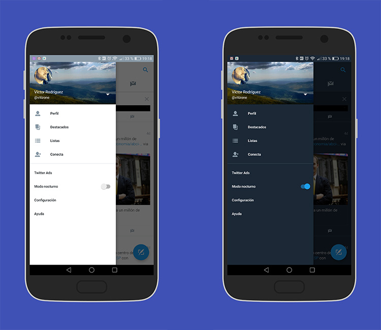 Modo nocturo en Twitter para Android