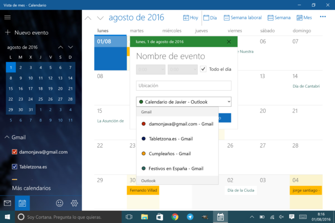 App calendario Android en Windows 7