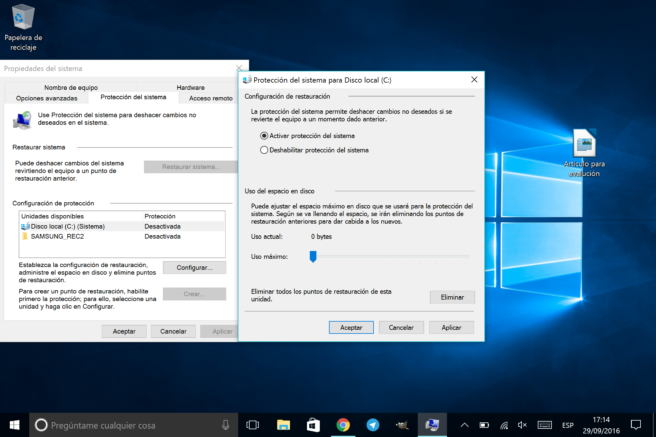 WIndows 10 proteccion del sistema para disco