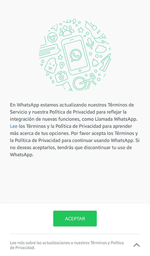 pantalla de t&eacute;rminos y condiciones de whatsapp