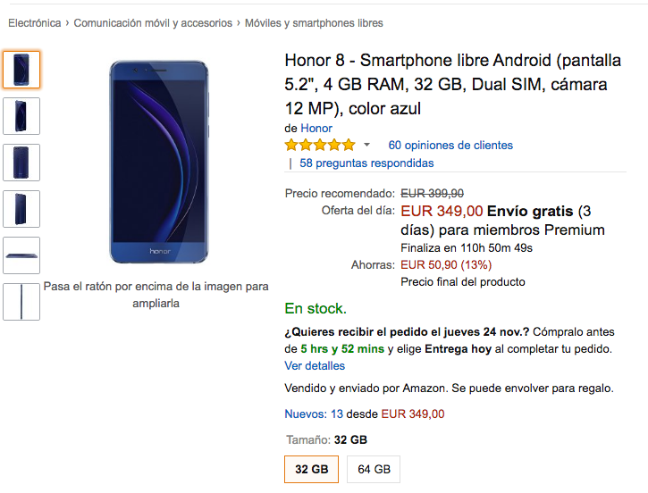 Oferta Honor 8 en Amazon Black Friday