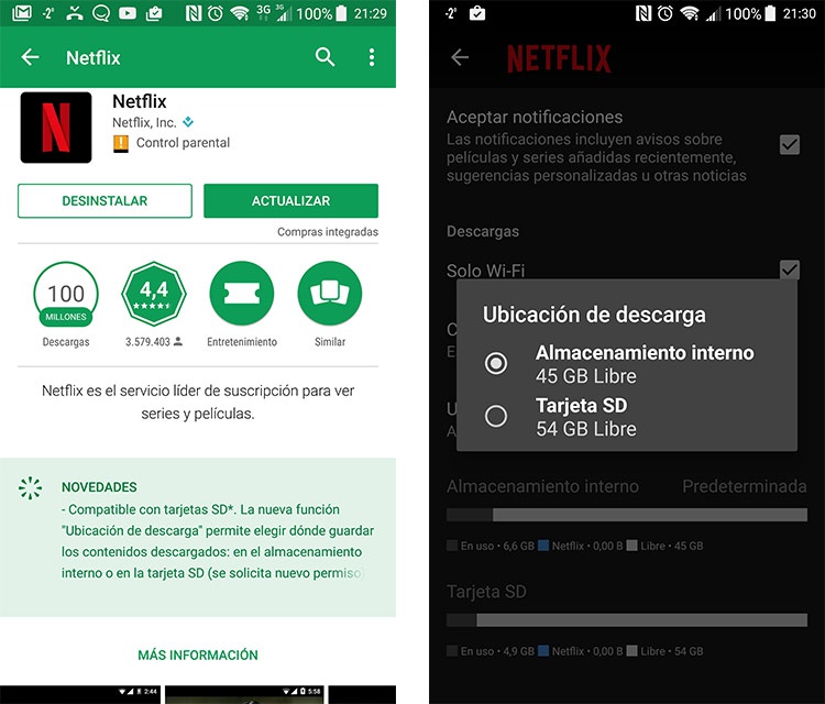 Descargas de Netflix en tarjeta microSD